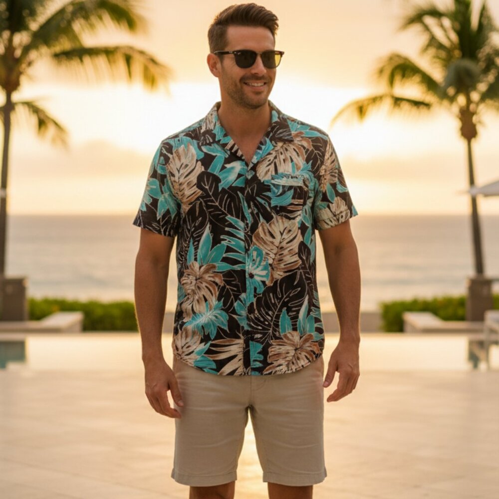 NWT Margaritaville Men’s Hawaiian Shirt Teal & Tan Tropical Leaf Print Resort